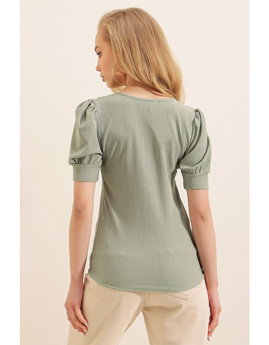 Square Neck Knitted Blouse - Çağla - 9