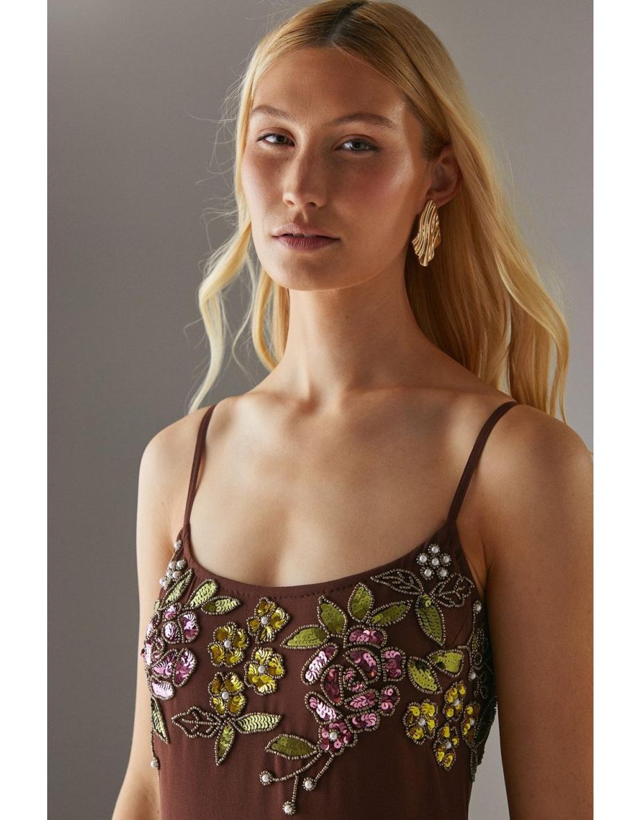 Hand Embellished Strappy Bias Sequin Midi Dress - 3