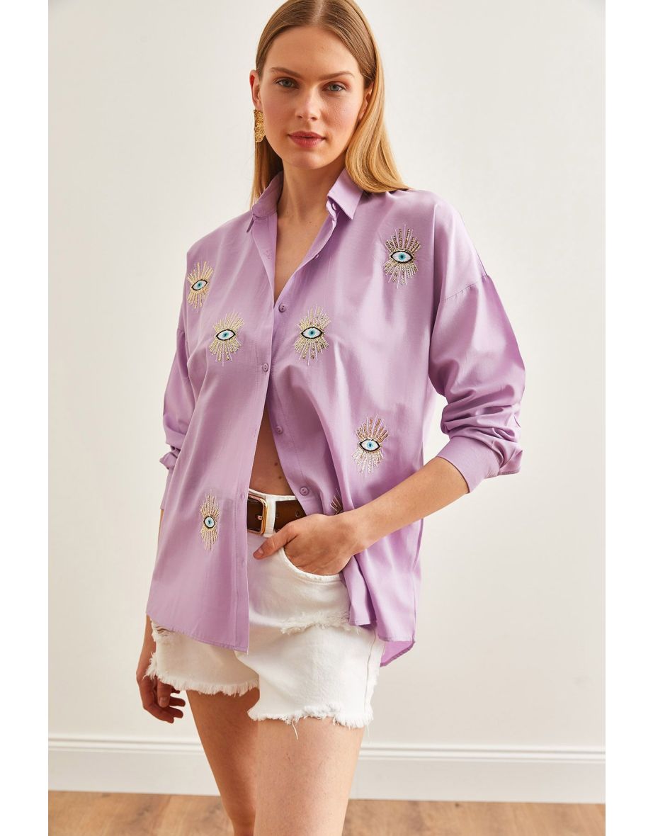 Women's Eye Lilac Sequin Detailed Woven Boyfriend Shirt