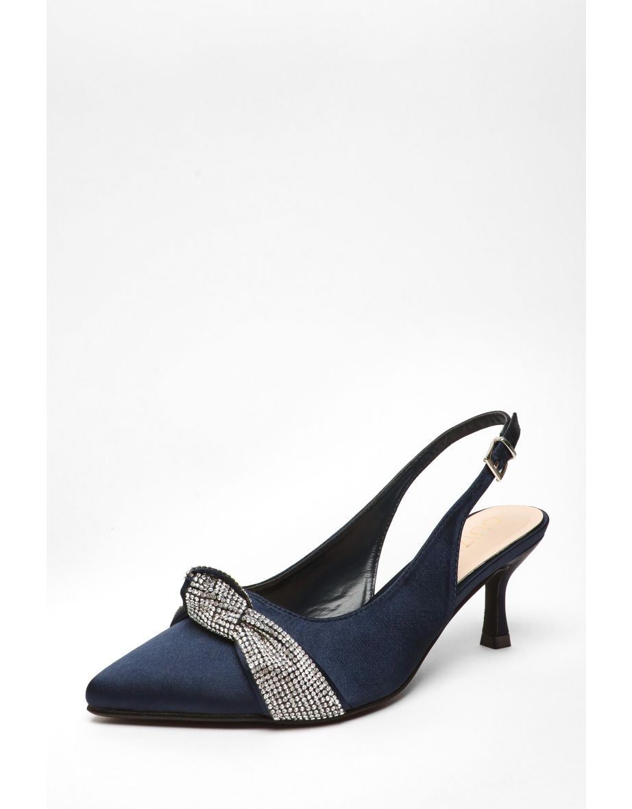 Shop Wide Fit Navy Diamante Knot Sling Back Low Heels Online in Bahrain VogaCloset