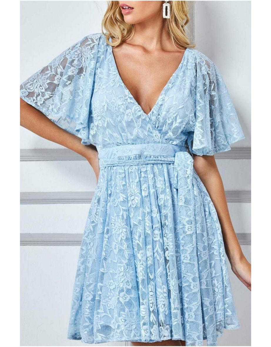 Goddiva Lace Kimono Wrap Skater Mini Dress - Powder Blue - 3