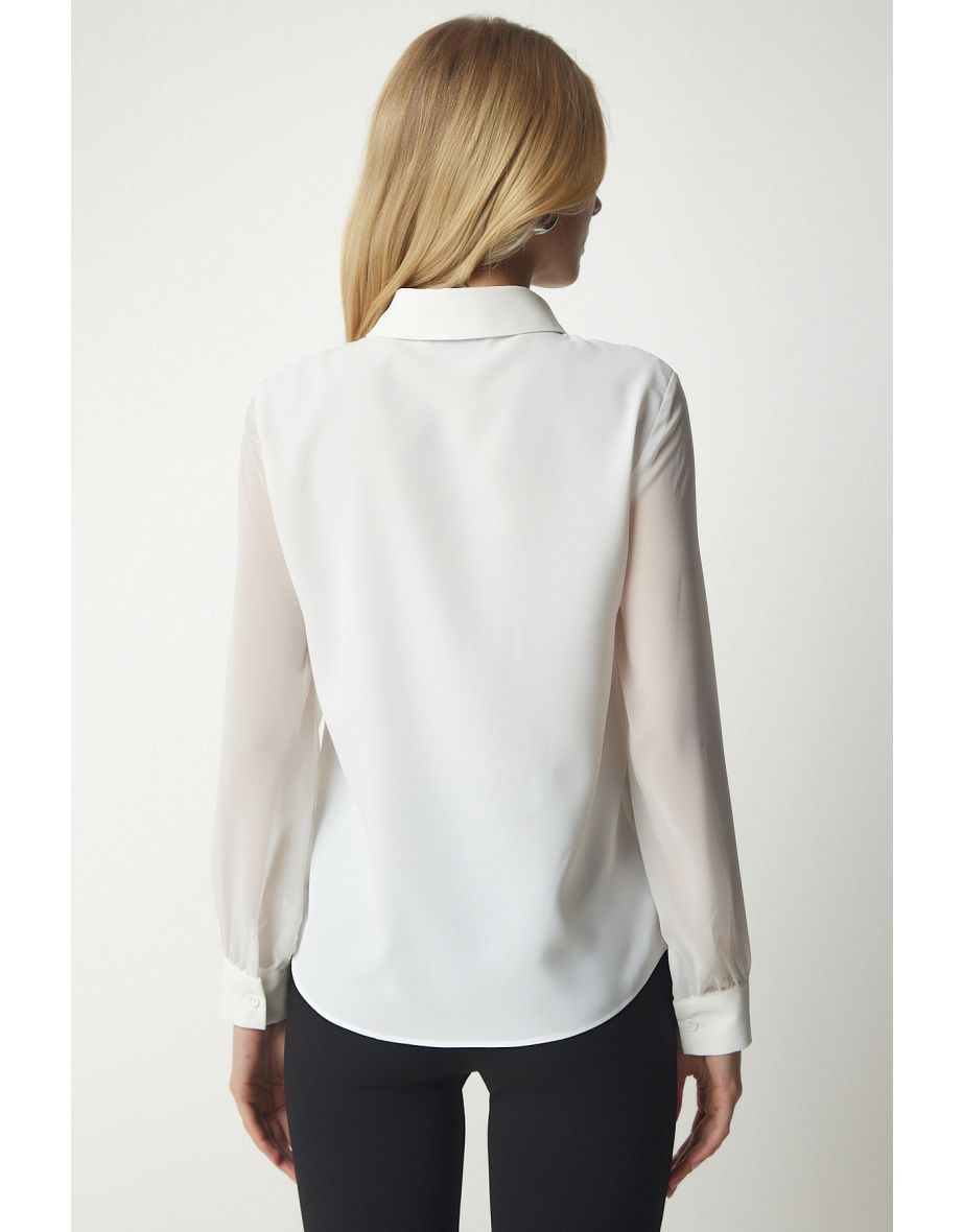 Women's Ecru Chiffon Sleeve Elegant Shirt - 5
