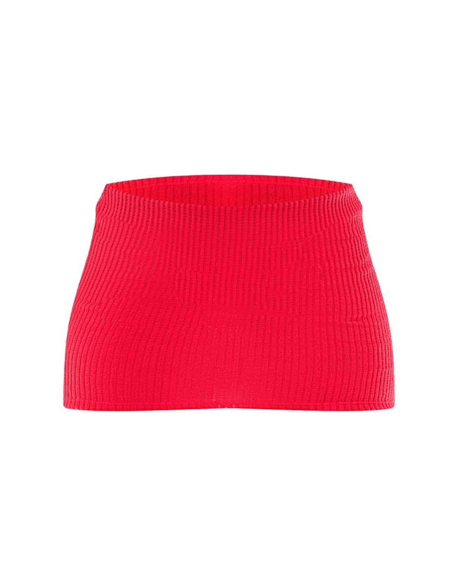 Cherry Red Sheer Soft Rib Low Waist Micro Mini Skirt - 4
