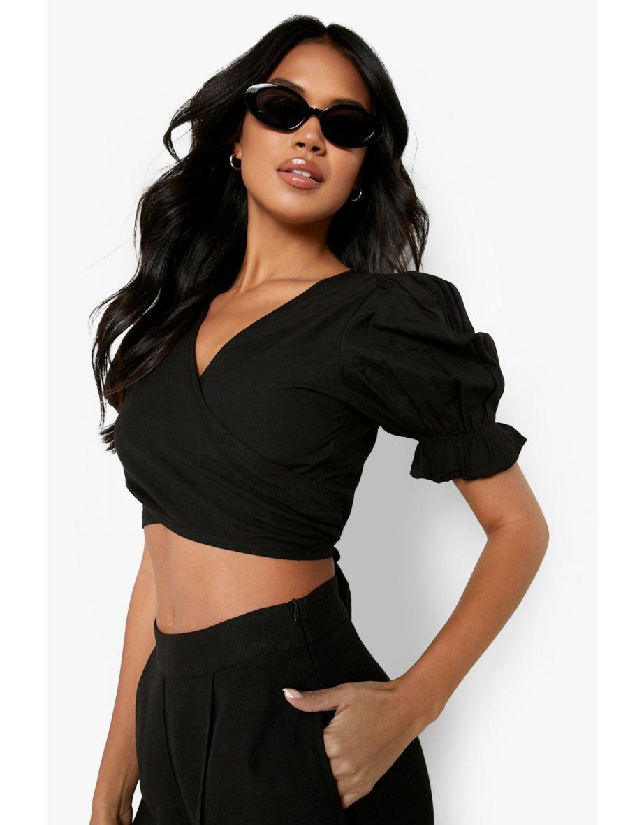 Linen Wrap Crop Top - black - 3
