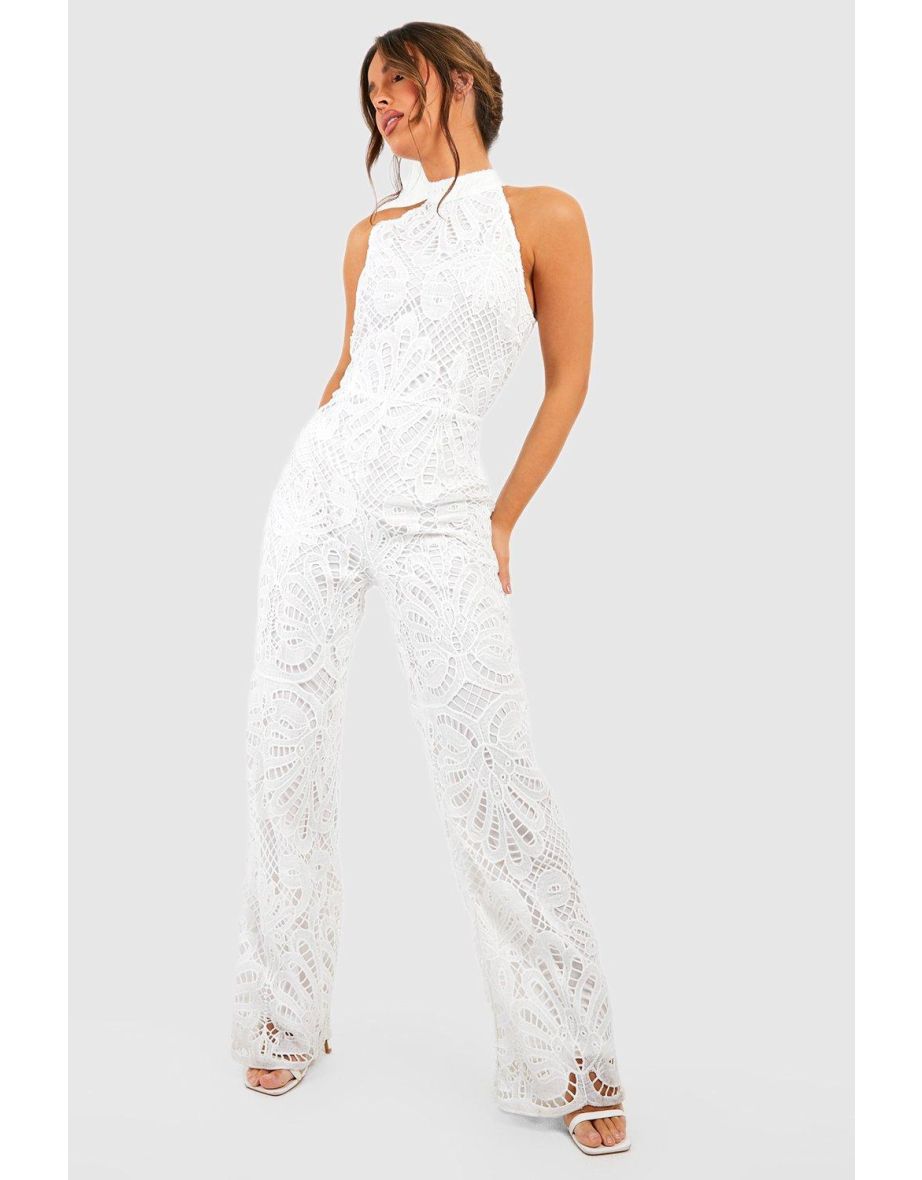 Halter Neck Crochet Wide Leg Jumpsuit - ivory