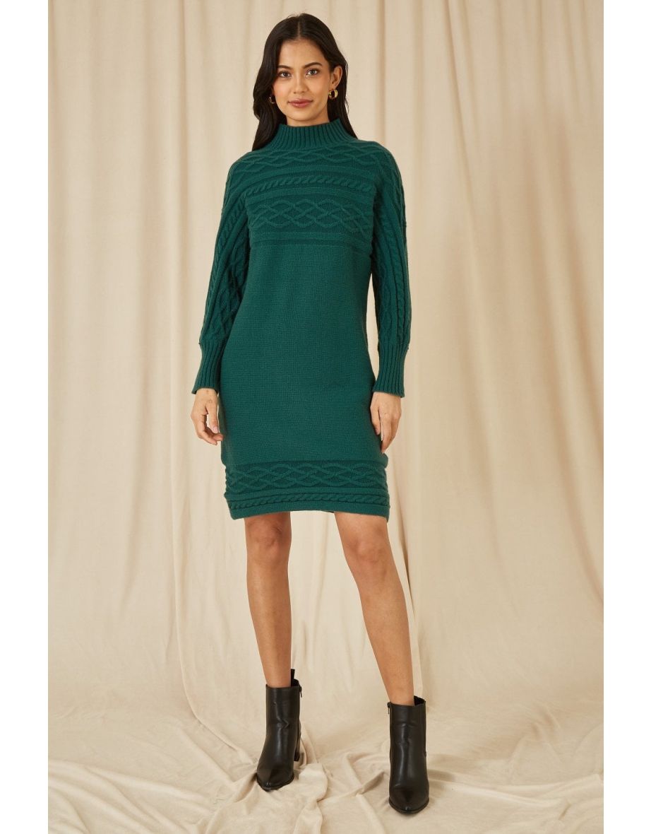 Yumi Green Roll Neck Knitted Dress With Fitted Waist