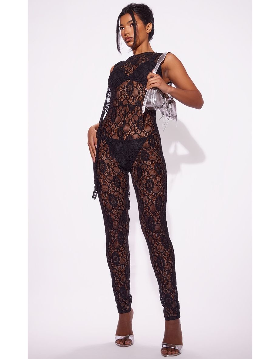 Black Lace Frill Detail Drape Jumpsuit