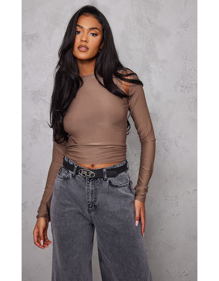 Tall Taupe Long Sleeve Cut Out Front Top