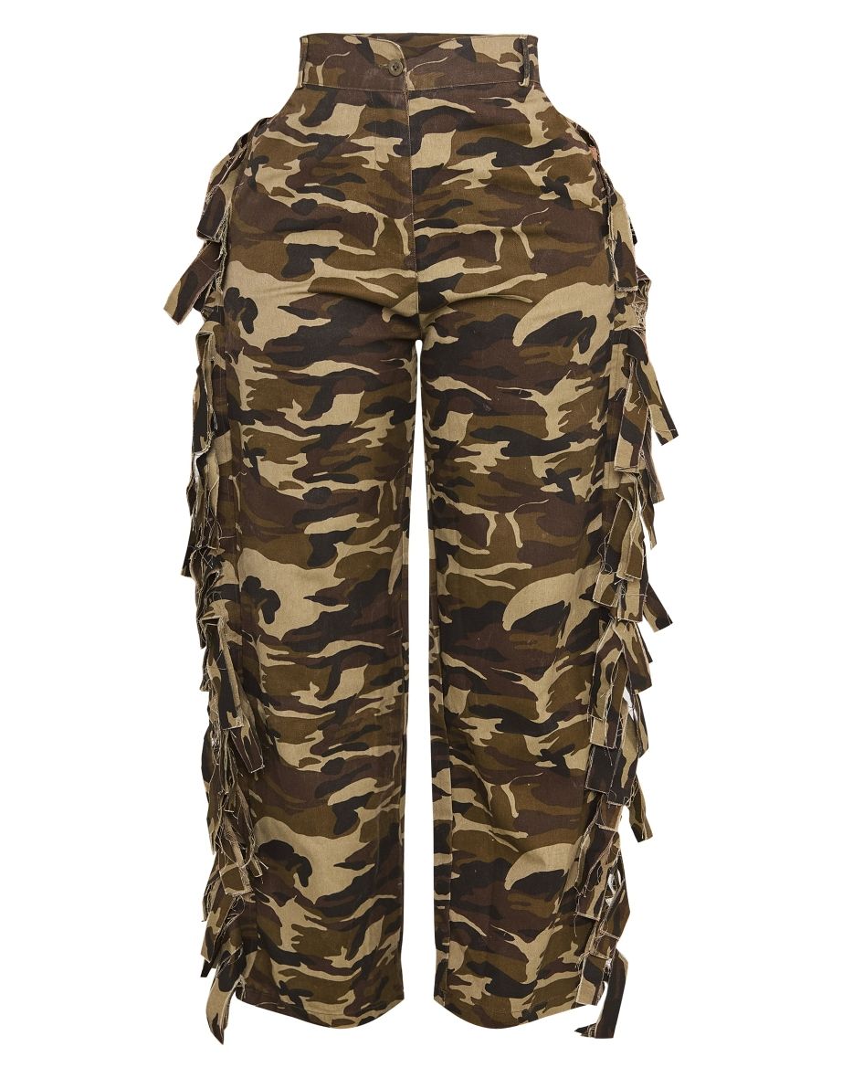 Shape Khaki Camo Printed Fray Detail Wide Leg Trousers - 4