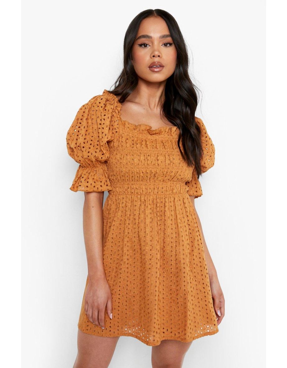 Petite Broderie Puff Sleeve Shirred Dress - tan