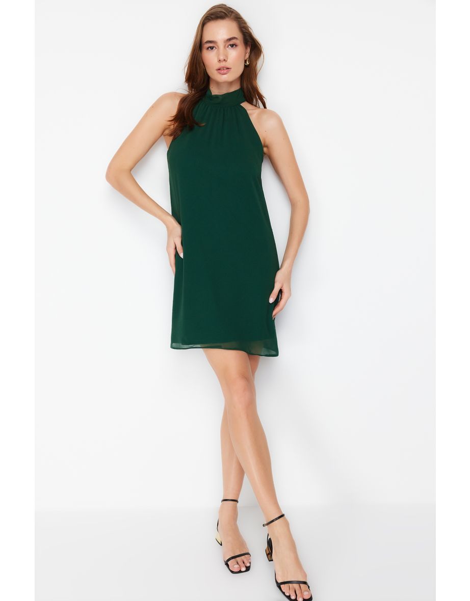 Emerald Green High Collar Woven Dress