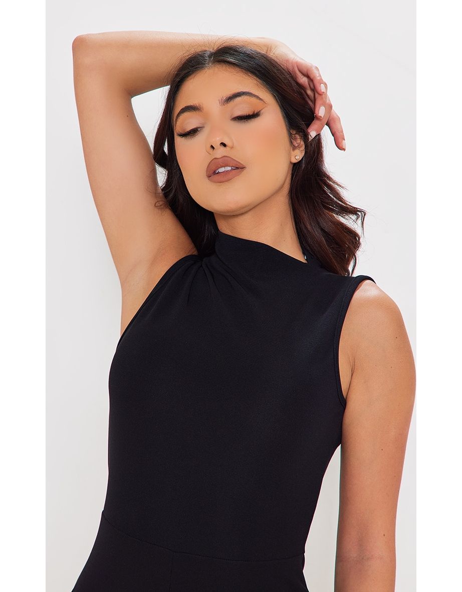 Black Stretch Rib High Neck Sleeveless Flared Leg Jumpsuit - 3