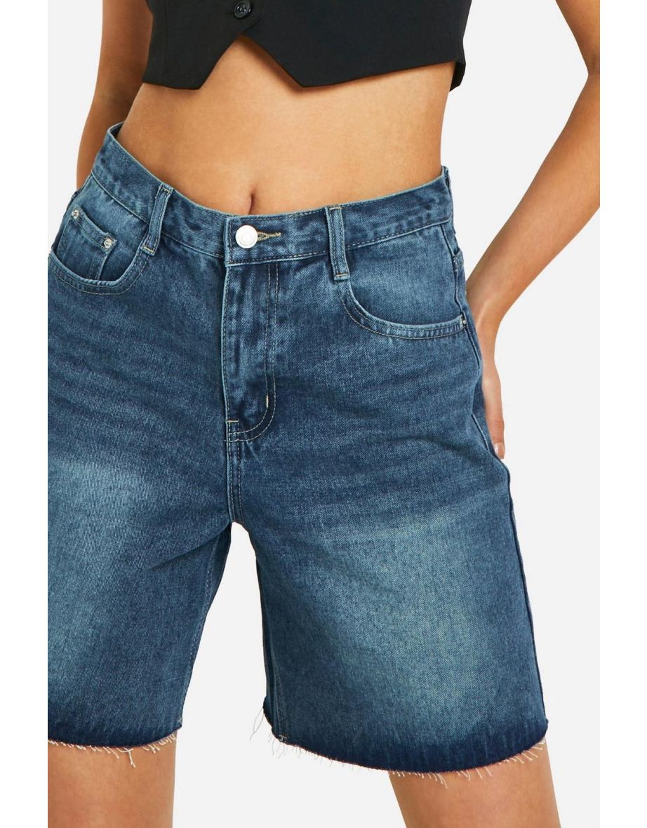 Mid Wash Fray Hem Longline Denim Shorts - 3