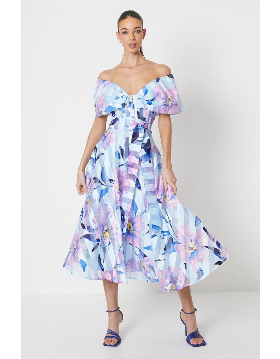Printed Stripe Organza Bardot Dress
