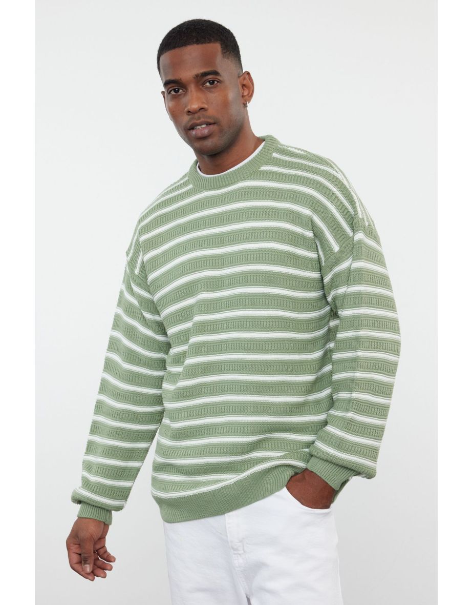 Light Green Oversize Crew Neck Striped Knitwear Sweater
