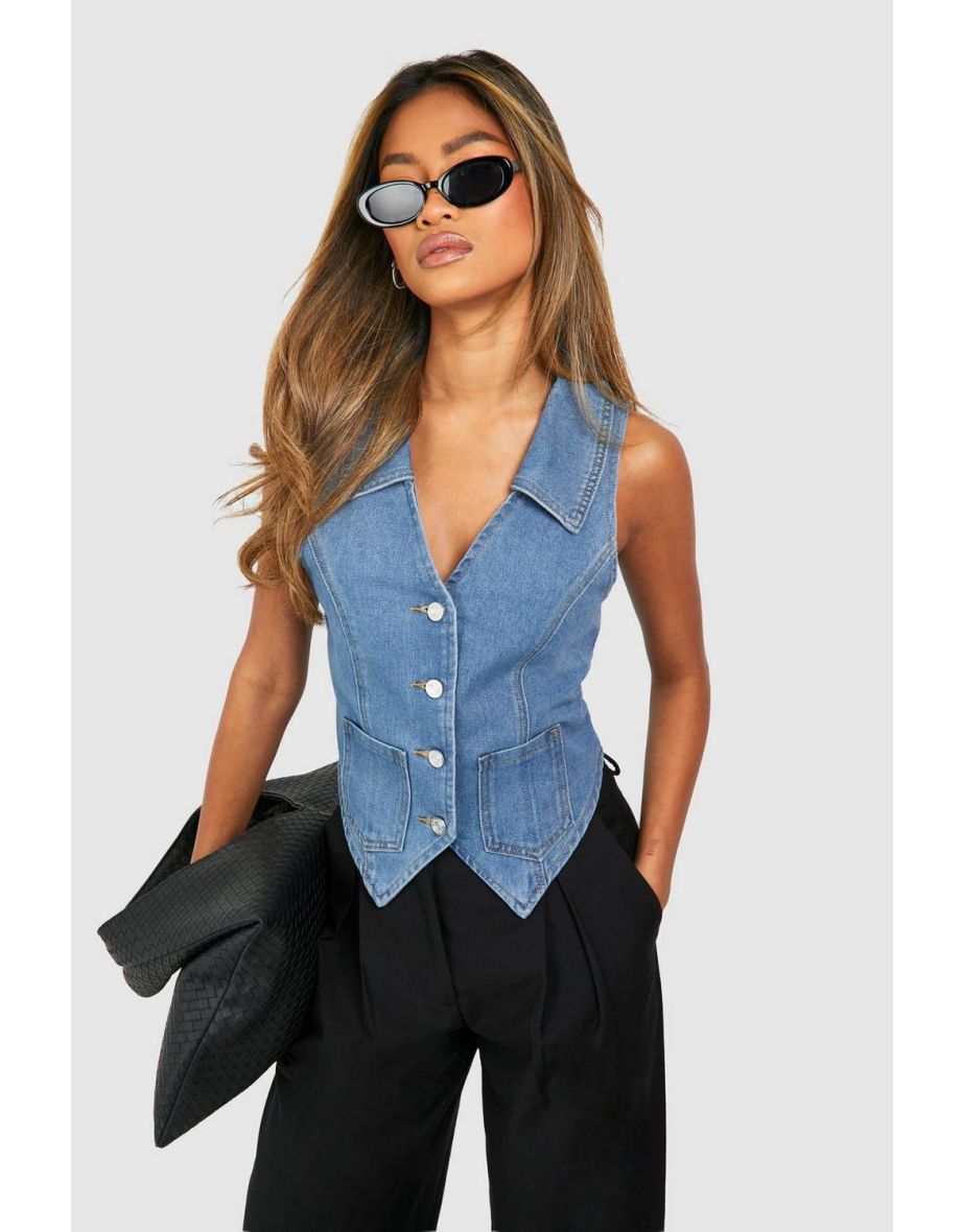 Fitted Collar Detail Denim Waistcoat - denim-blue - 3