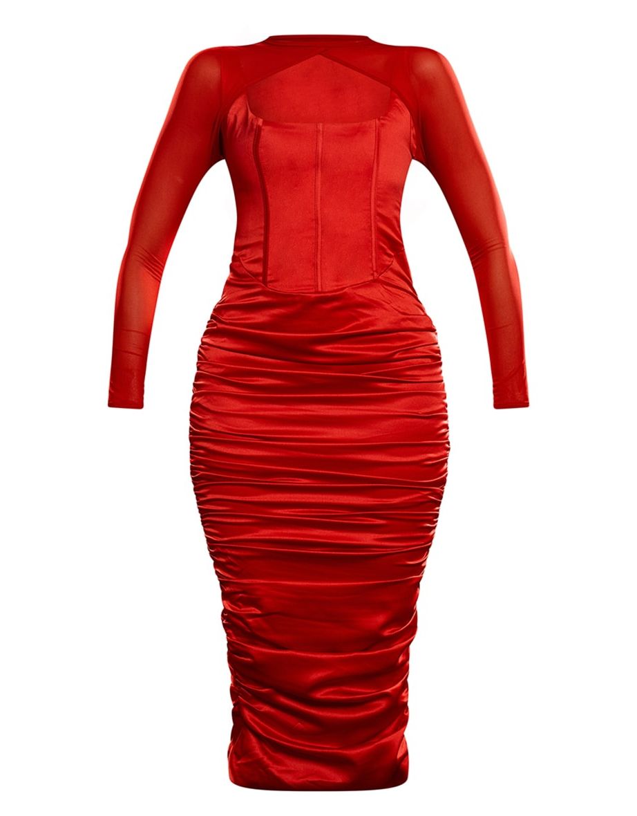 Red Ruched Bodycon Midi Dress with Long Sleeve - 4
