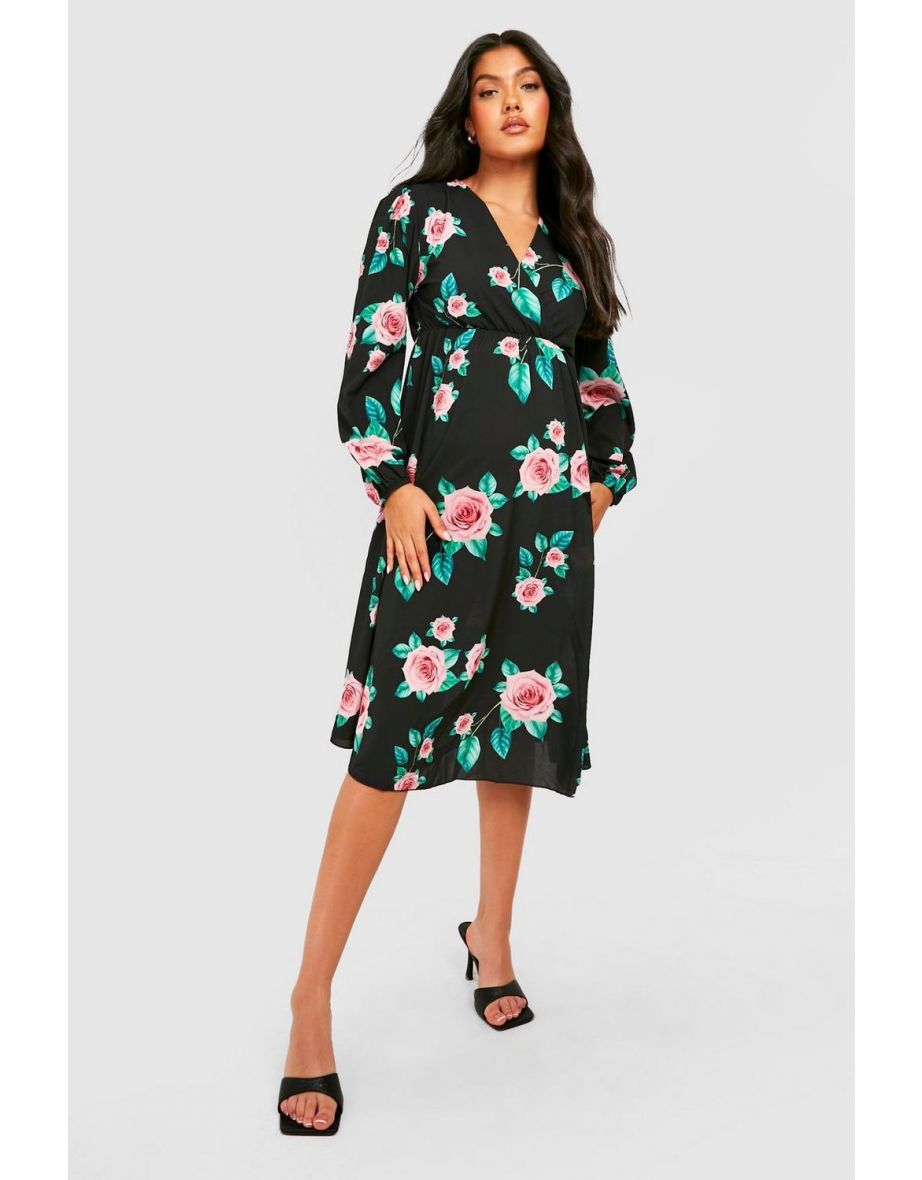 Maternity Floral Wrap Midi Dress - black