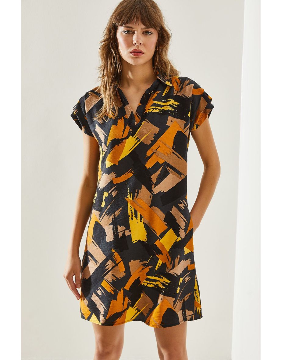 Women's Polo Collar Patterned Summer Dress - 5