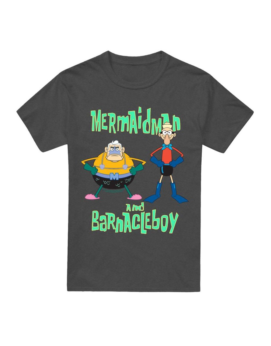 SpongeBob SquarePants Unisex Adult Mermaid Man & Barnacle Boy T-Shirt - Charcoal