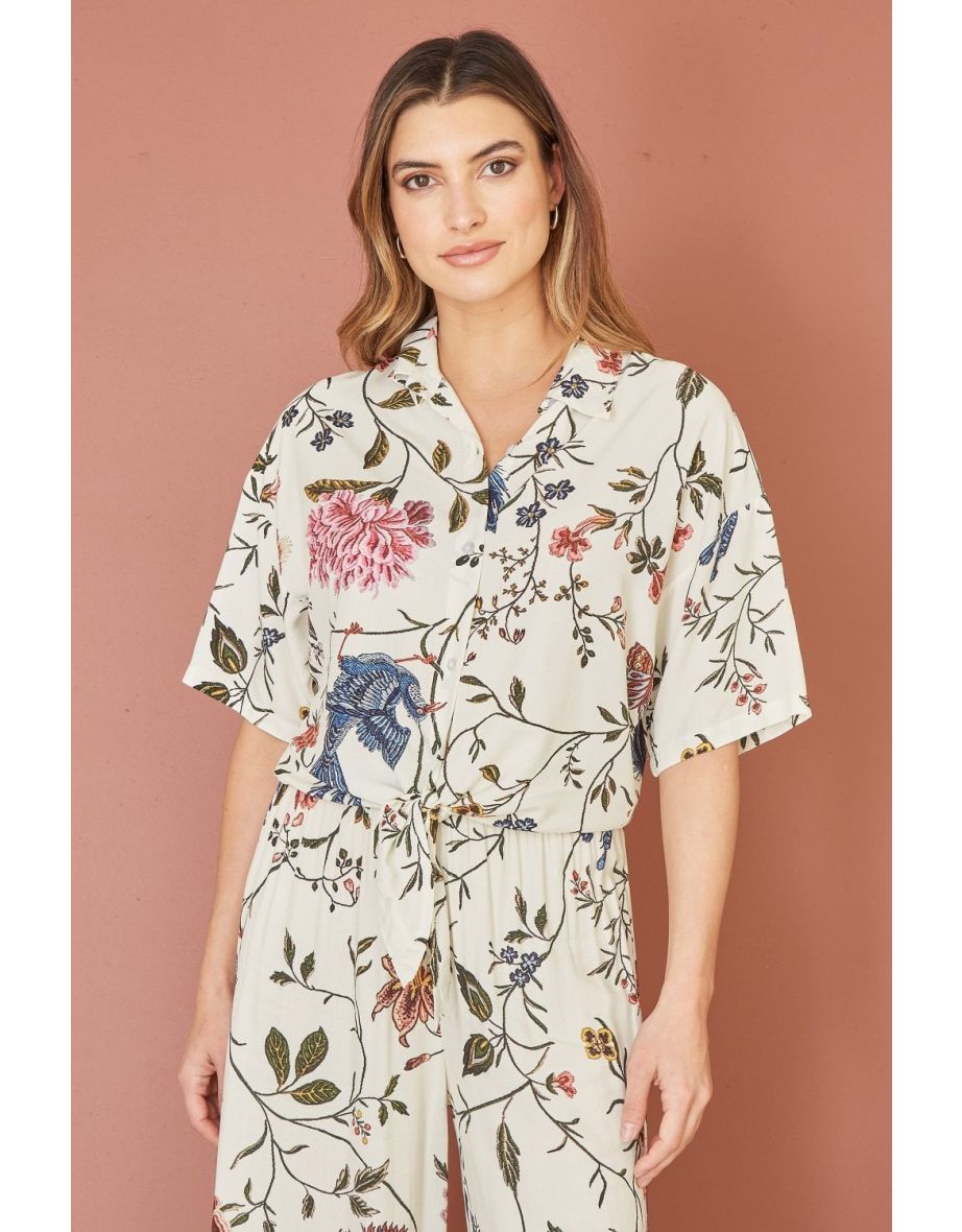 Yumi White Viscose Bird And Floral Print Tie Front Shirt