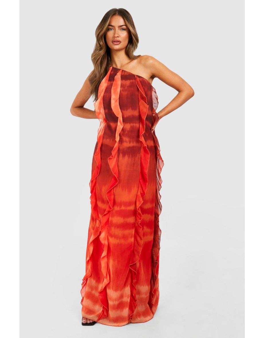 Ombre Print Ruffle Asymmetric Maxi Dress - orange