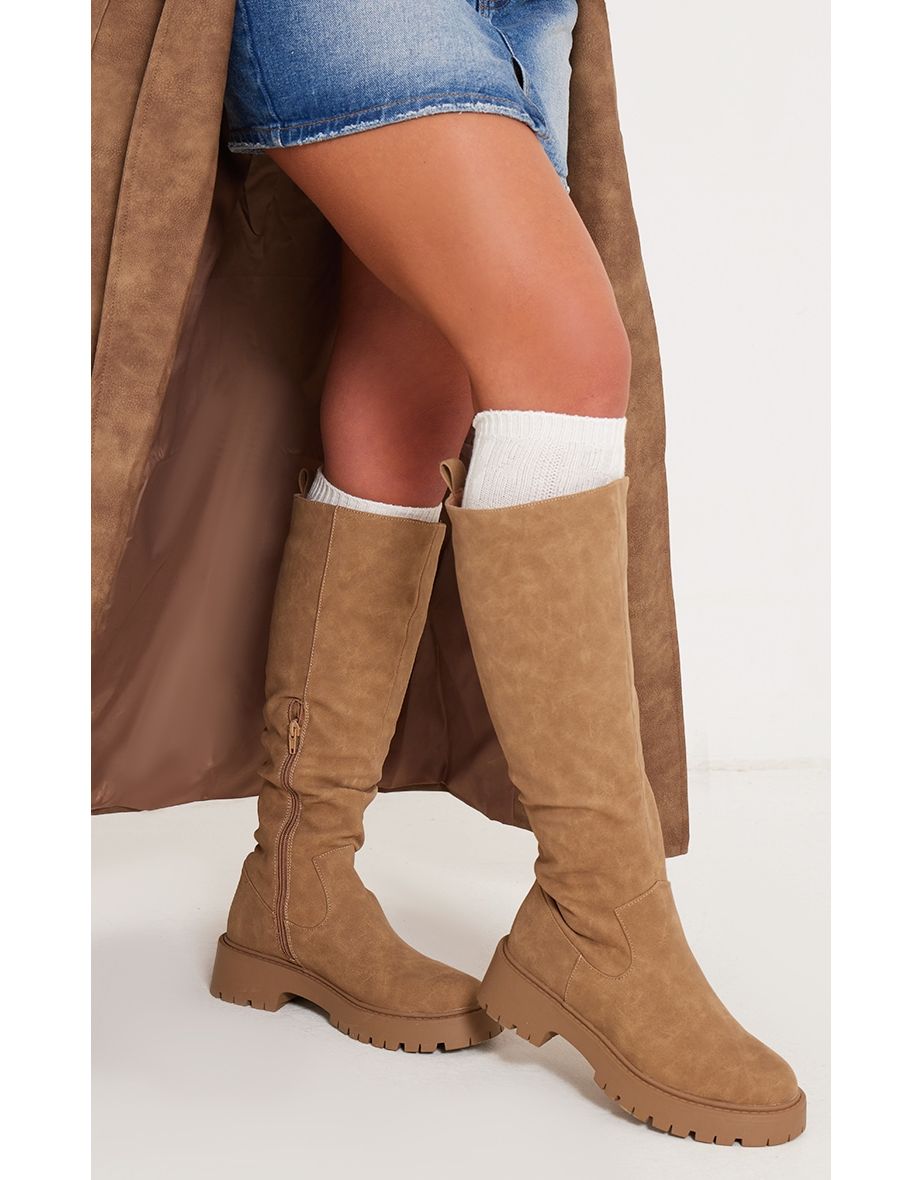 Beige Faux Suede Round Toe Chunky Platform Knee High Boots
