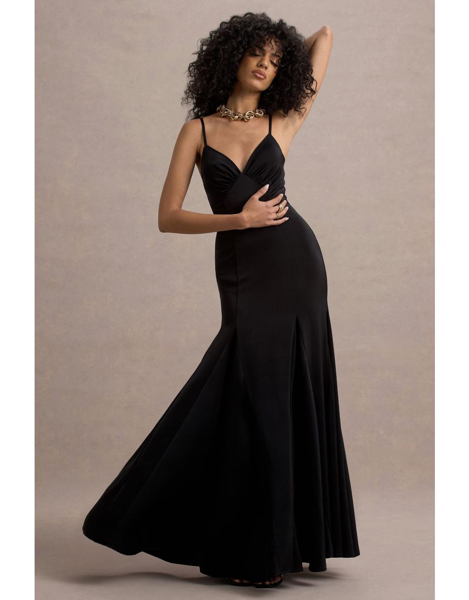 Ashly | Black Satin Maxi Dress With Volume Hem