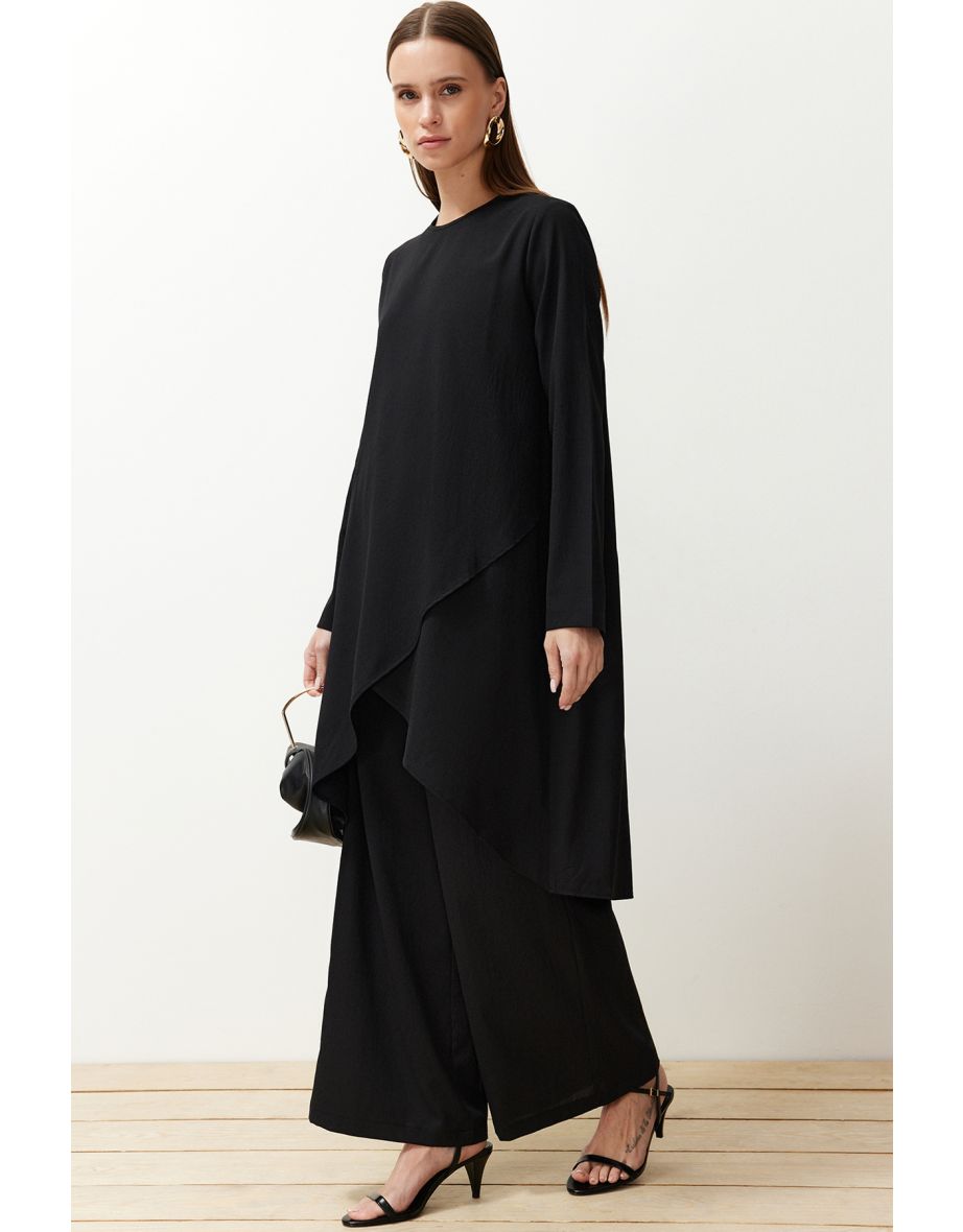 Black Asymmetric Woven Tunic Trousers Two Piece Set