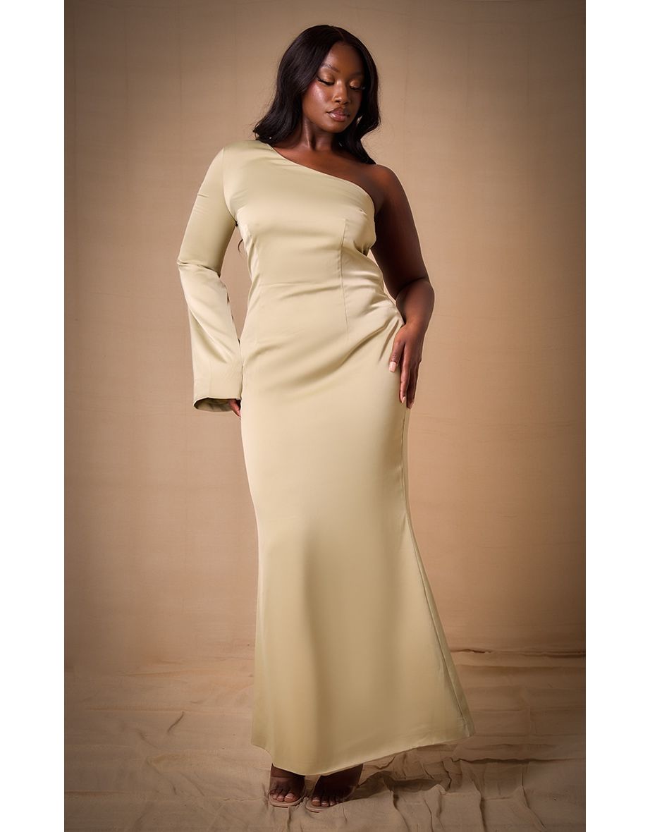 Plus Sage Bridesmaid Satin One Shoulder Flared Sleeve Maxi Dress