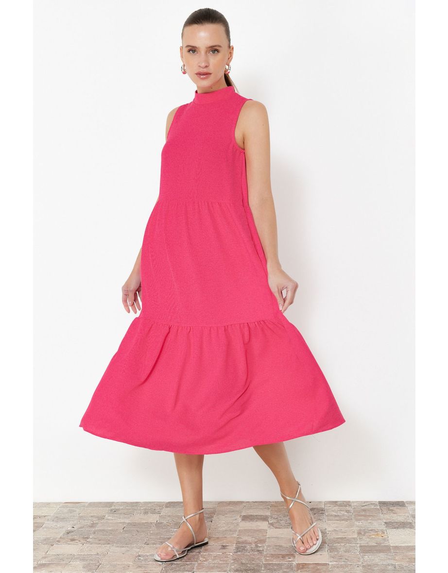 Fuchsia Claret Red Straight Cut High Collar Midi Aerobin Woven Dress