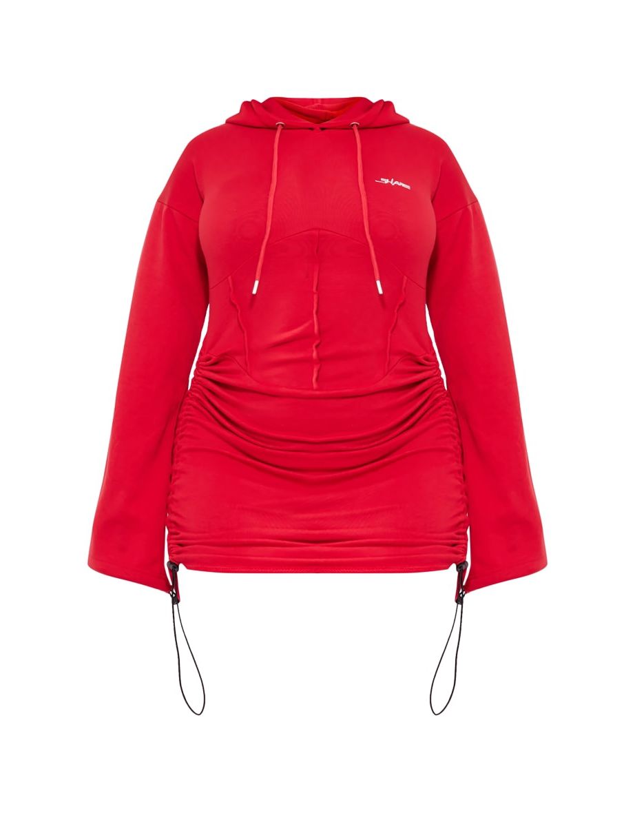Shape Cherry Red Branded Corset Detail Hooded Jumper Dress - 4