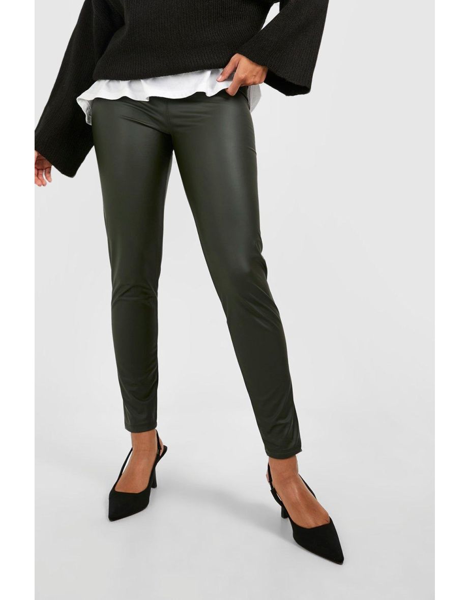 Fleece Lined Matte Leather Look Leggings - khaki - 3