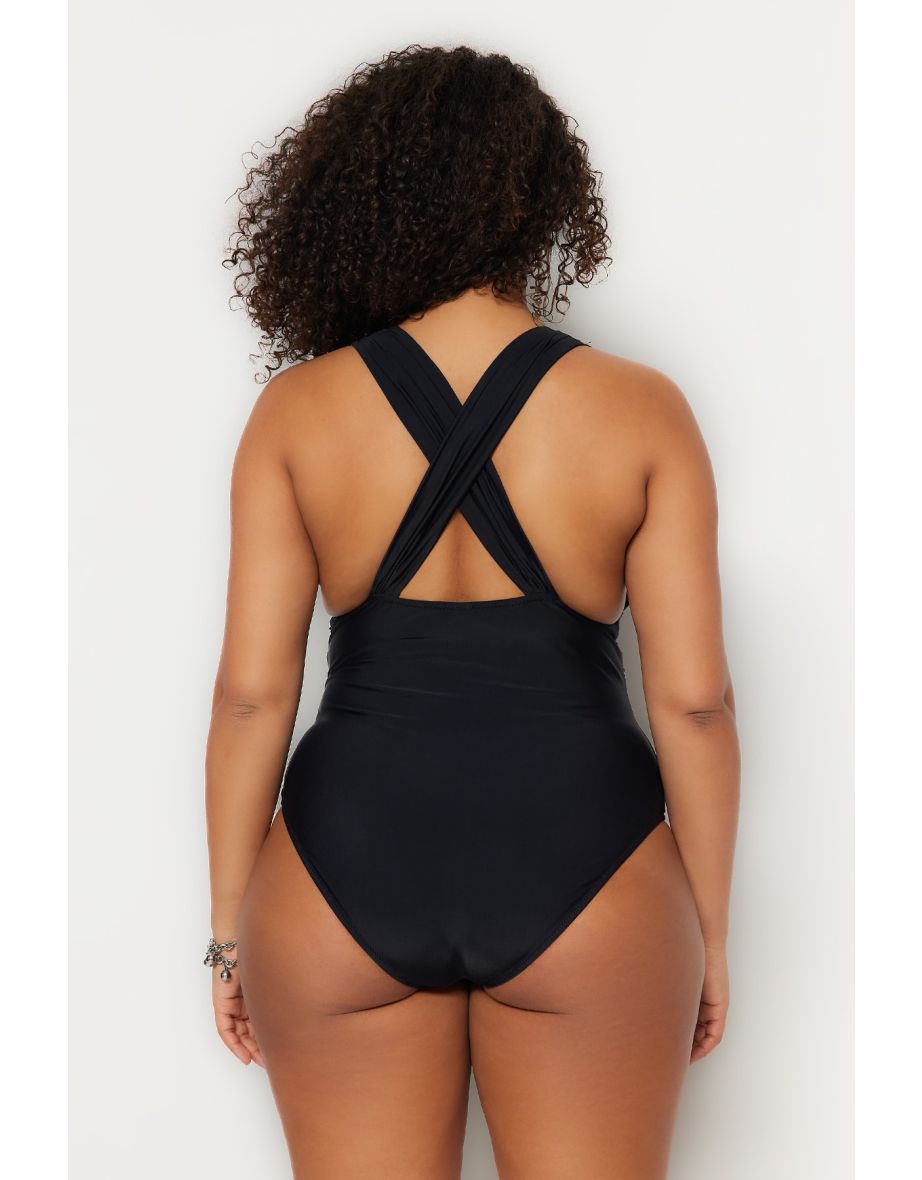 Plus Size Swimsuit - Black - Plain - 3