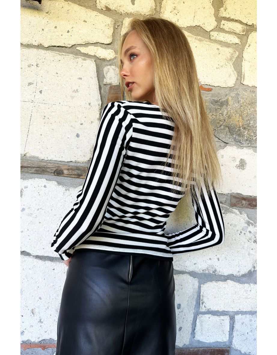Women's Black and White V-Neck Striped Corset Detailed Blouse - 3