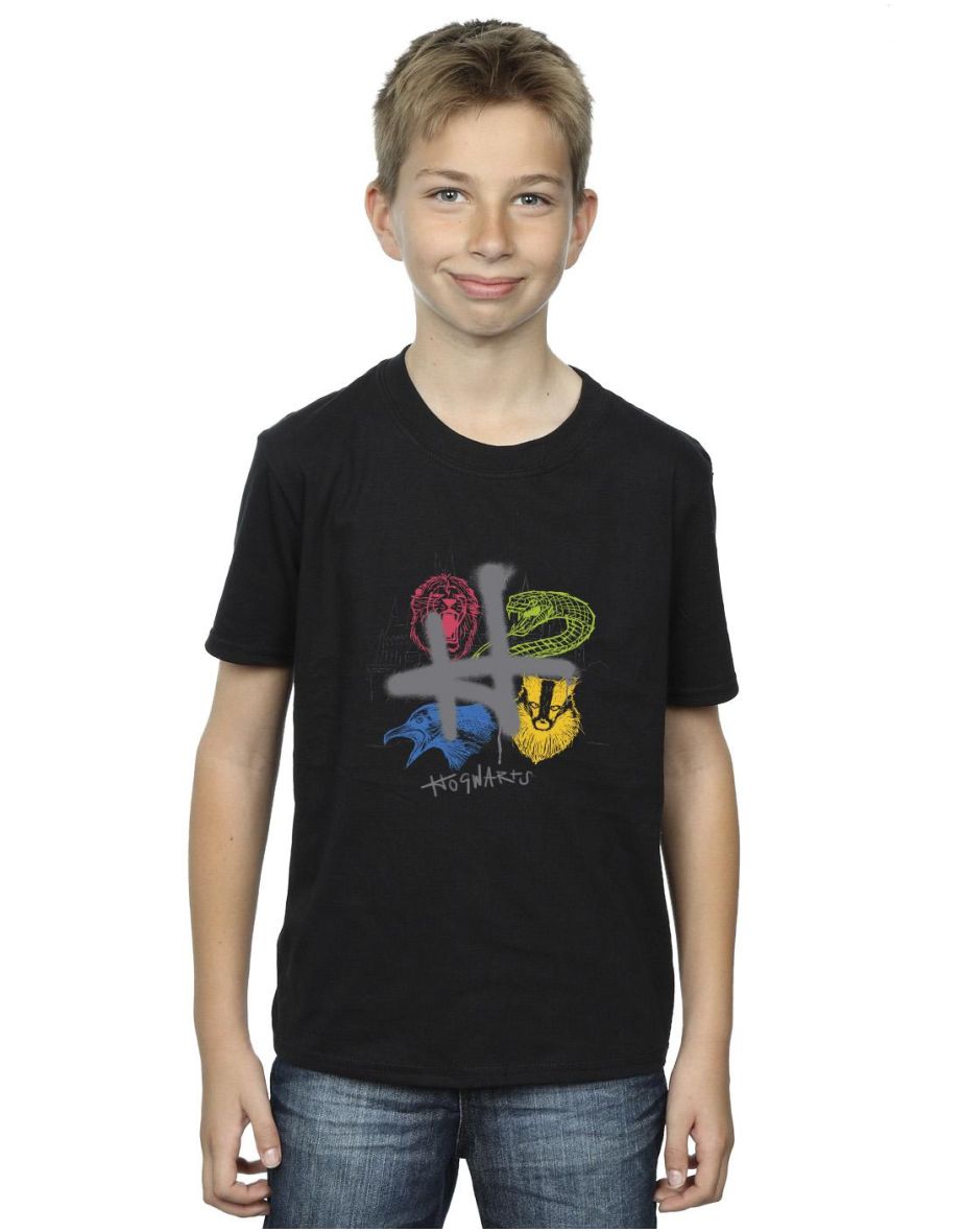 Harry Potter Boys Emblems H Spray T-Shirt - Black