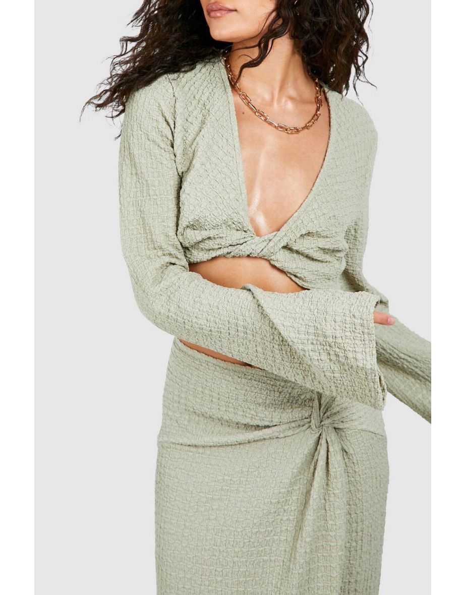 Petite Textured Twist Front Crop Top - sage - 3