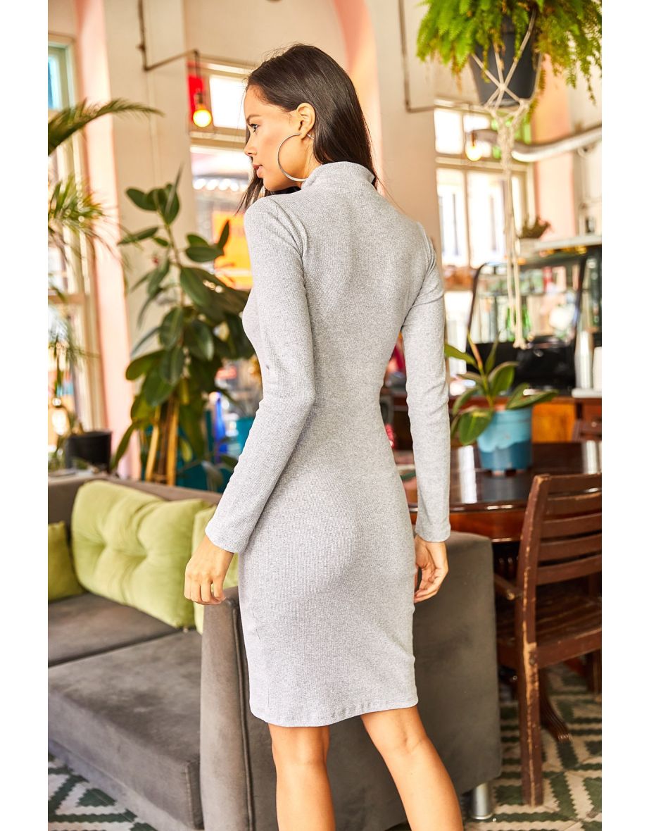 Women's Gray High Neck Zippered Camisole Dress - 5