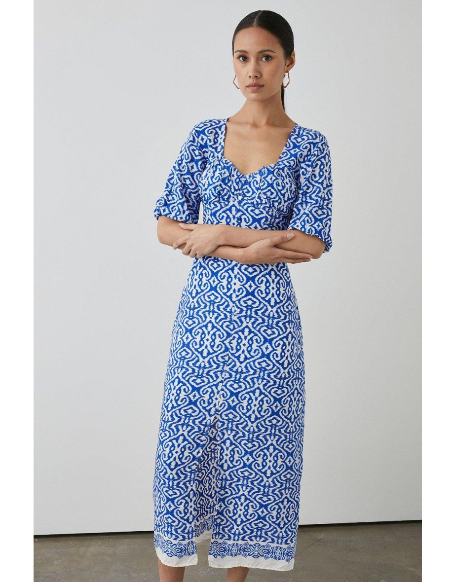 Blue Geo Ruched Detail Midi Dress - blue - 3