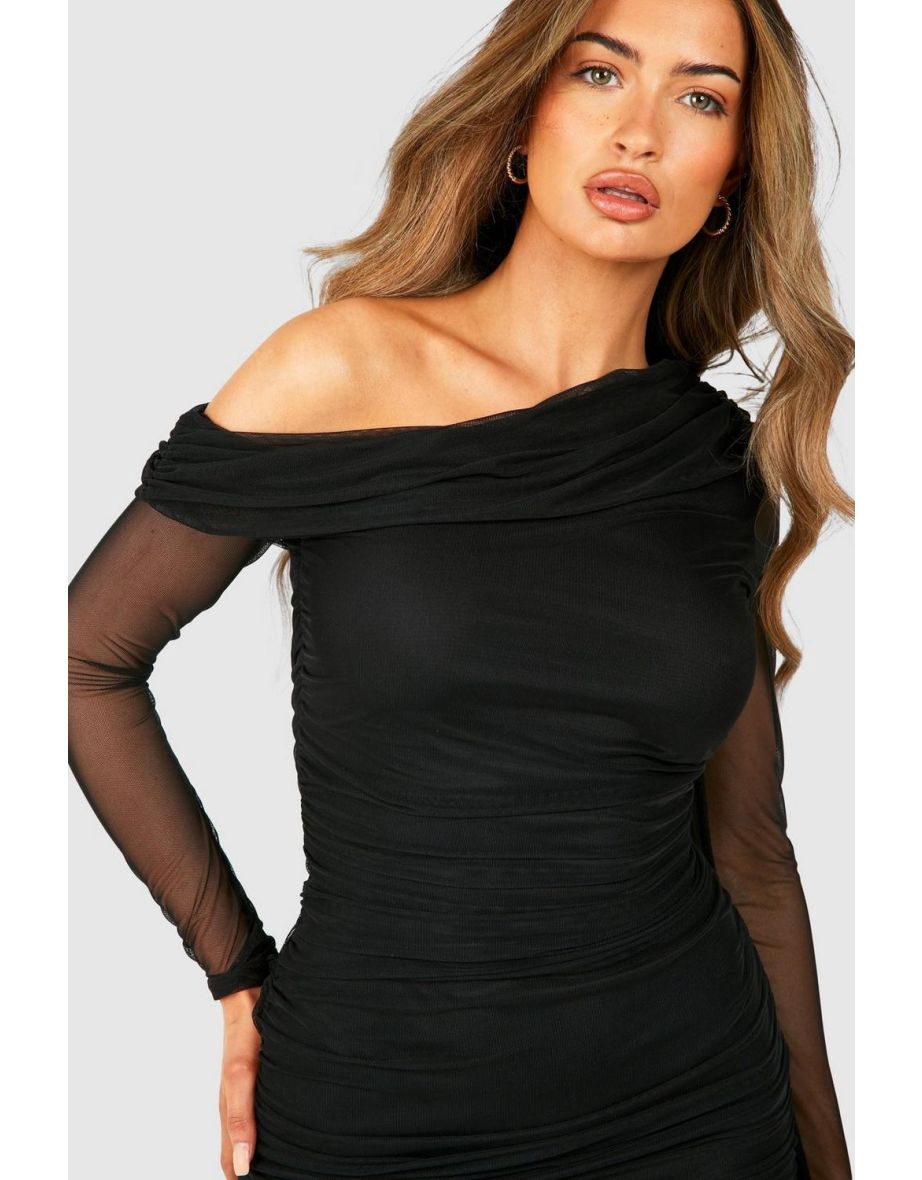 One Shoulder Ruched Mesh Long Sleeve Mini Dress - black - 3