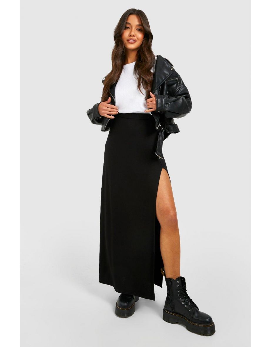 Basic Solid Black High Waisted Split Maxi Skirt - black