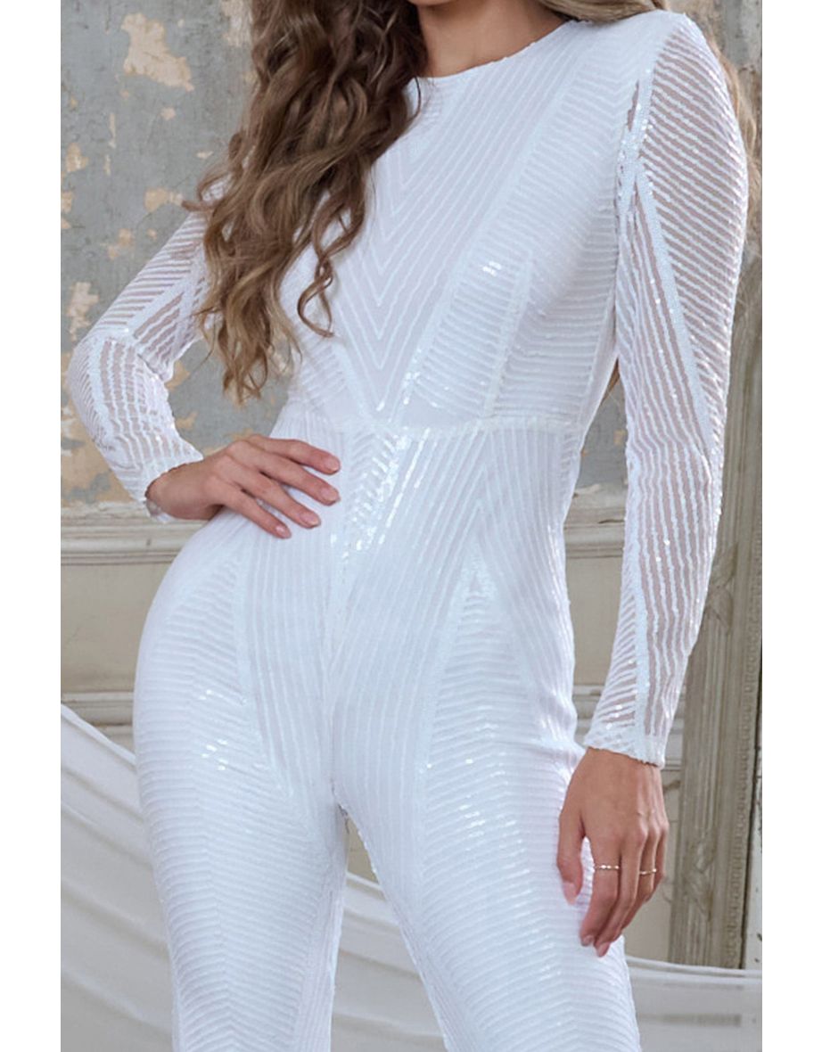 French Martini | White Sequin Wide Leg Jumpsuit With Keyhole Fastening - 2
