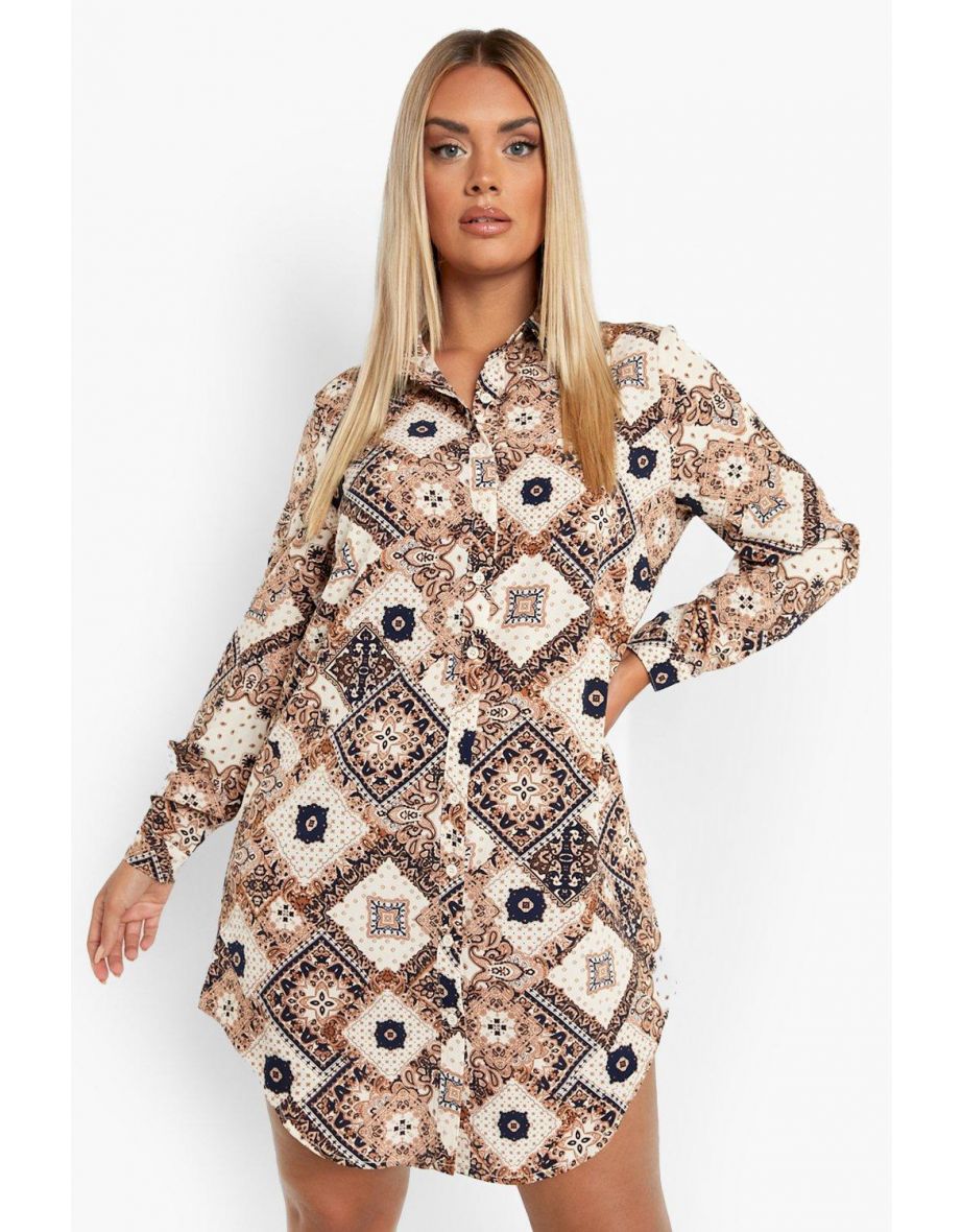 Plus Paisley Satin Shirt Dress - stone
