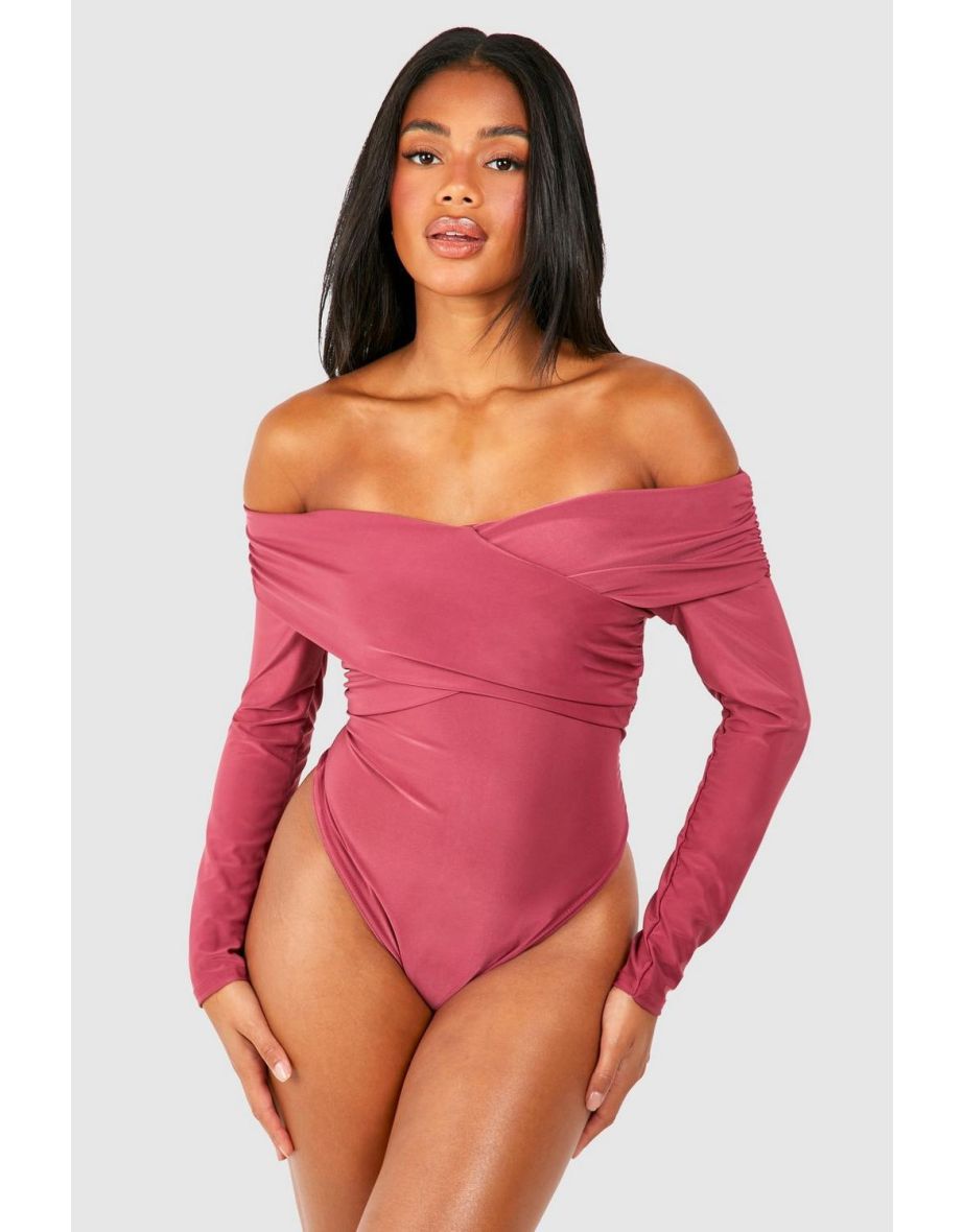 Ruched Wrap Over Long Sleeve Bodysuit - mauve - 3