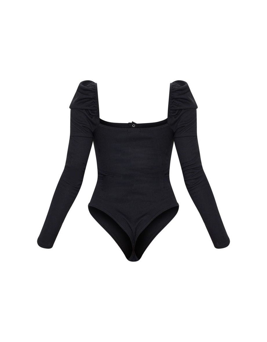Black Rib Puff Long Sleeve Bodysuit - 4