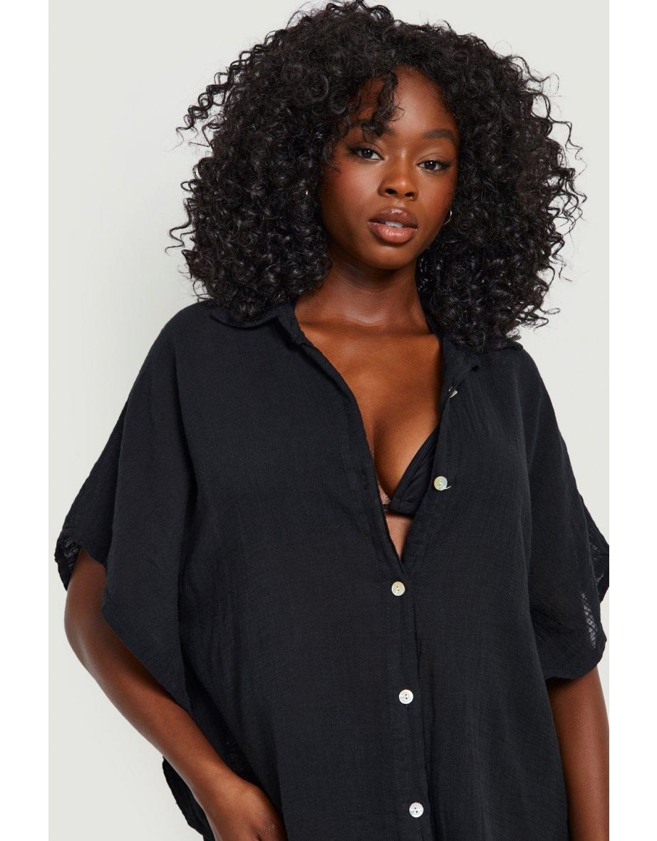 Linen Button Front Batwing Beach Kaftan Shirt - black - 3