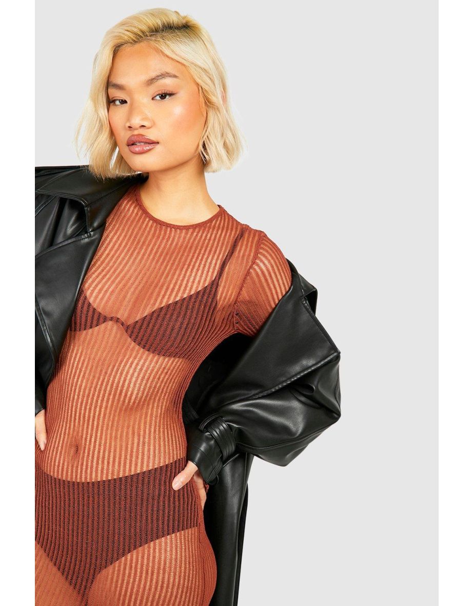 Sheer Ladder Stitch Knitted Maxi Dress - rust - 2