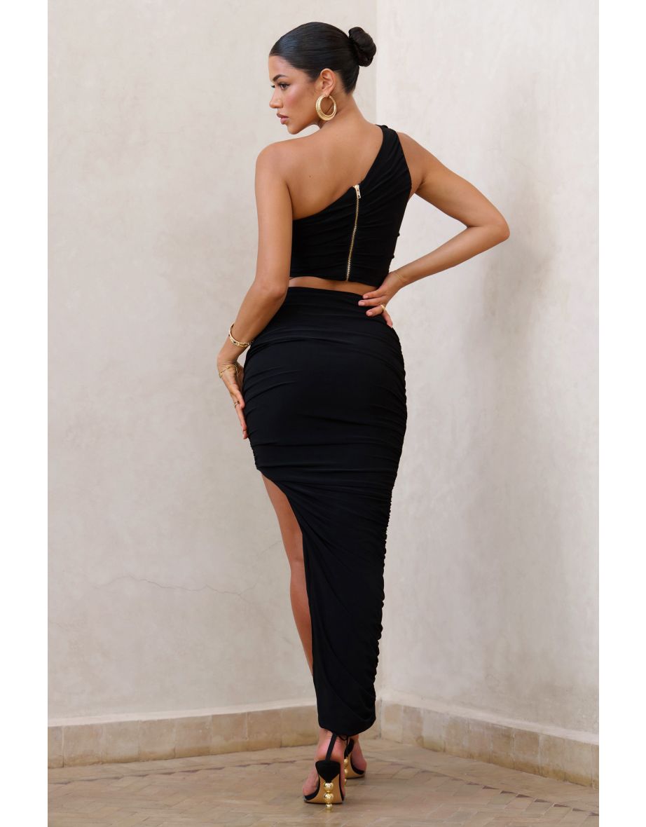 Moon Star | Black Side Split Ruched Maxi Skirt - 4