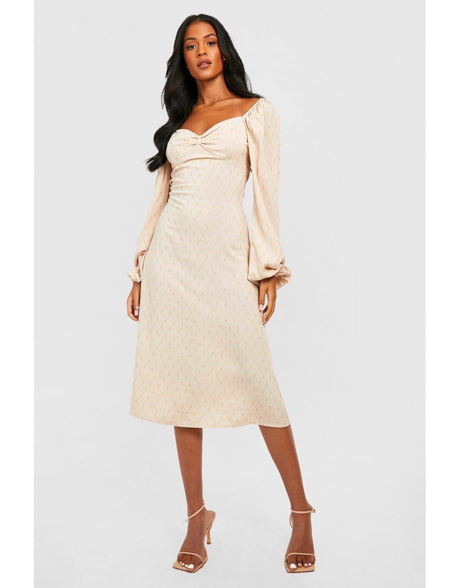 Tall Metal Detail Peasant Sleeve Midi Dress - stone