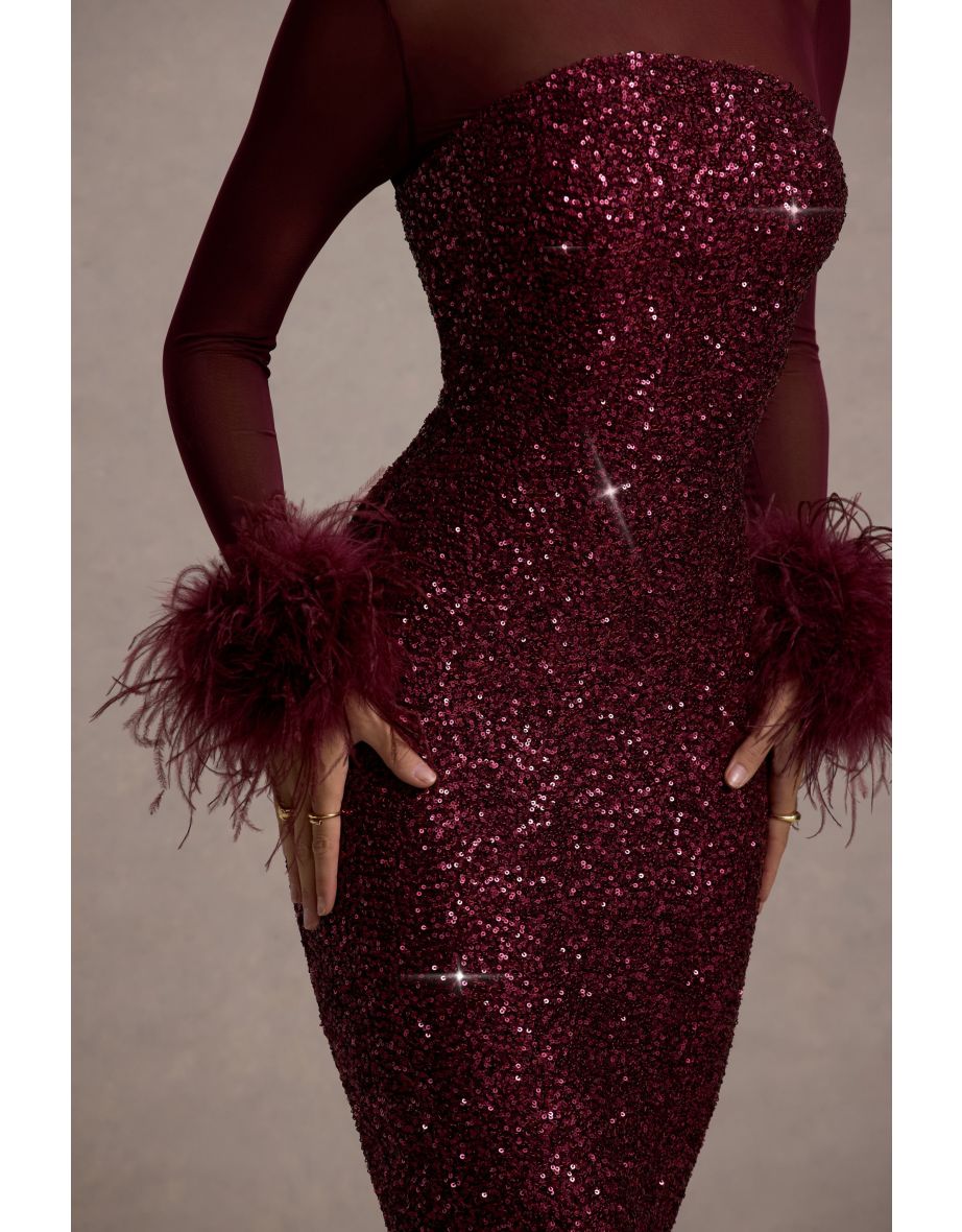 Afterglow | Port Sequin Long-Sleeve Midaxi Dress With Feather Trims - 6